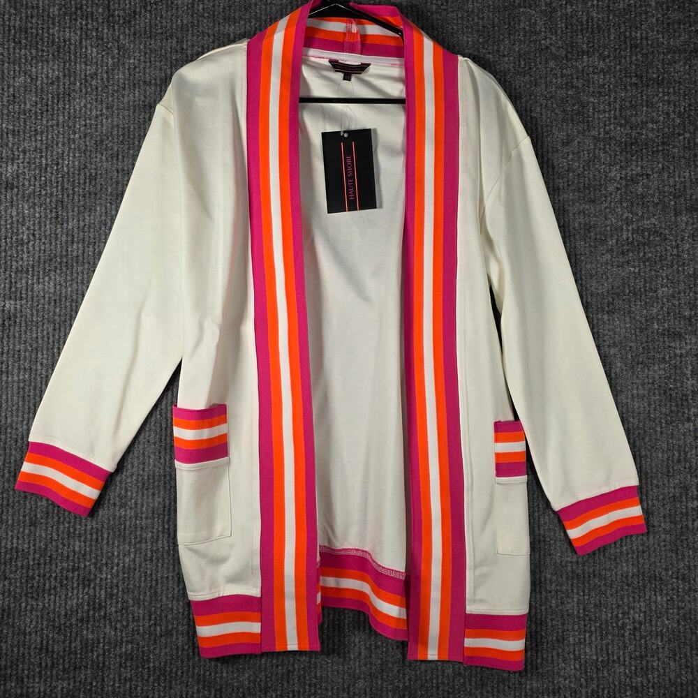 Haute Shore O/S White‎ Open Front Cardigan Neon Stripe Pocket Cover Up NWT